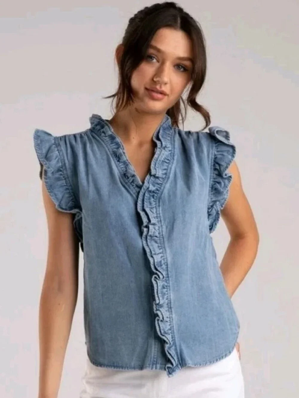 J Crew Blue Chambray Sleeveless Ruffle Top Boho Festival Preppy Quiet Luxury S